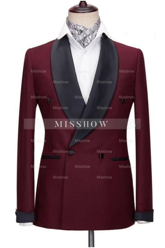 Burgundy Trim Fit Wedding Suit With Black Shawl Collar