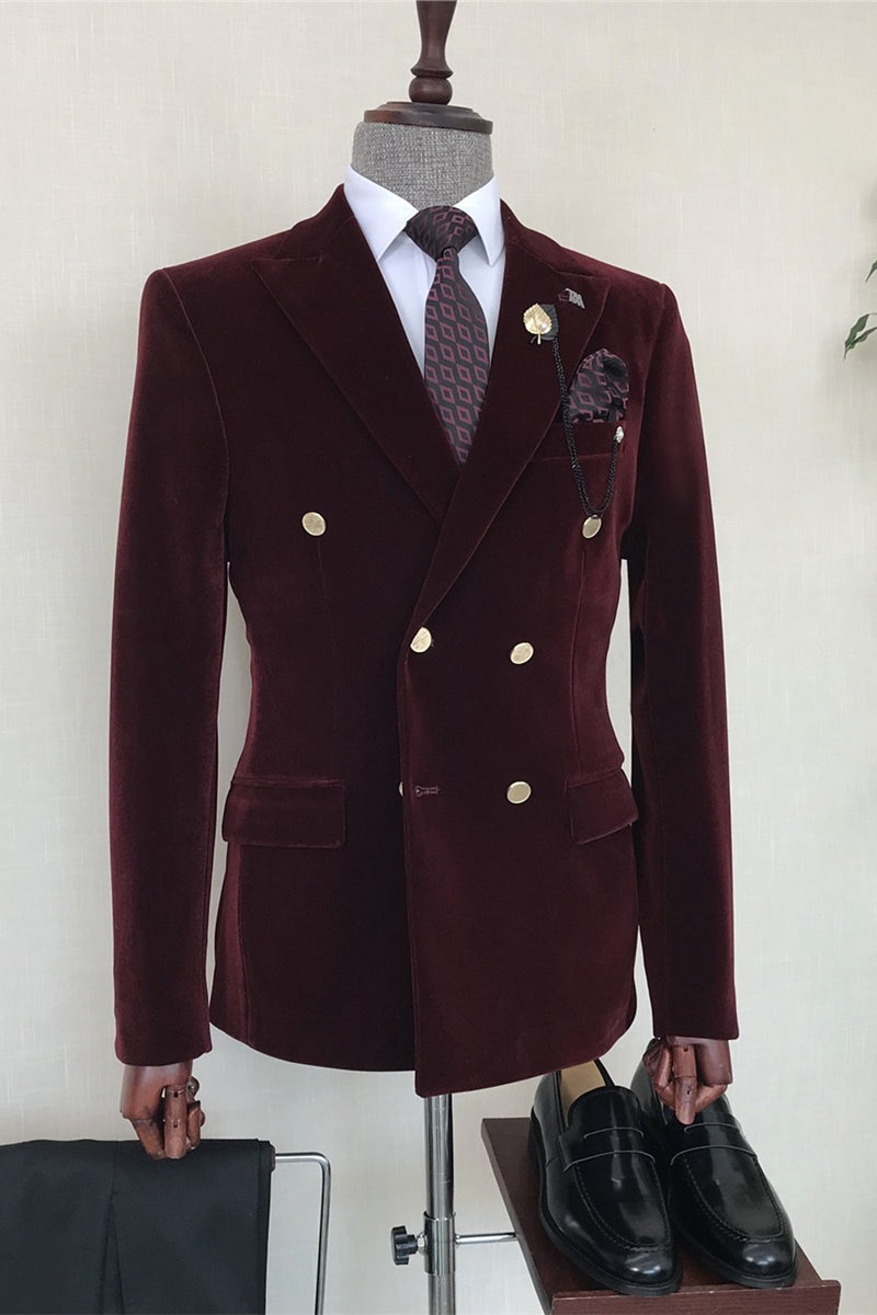 Burgundy Velvet Double Breasted Stylish Formal Suit with Black Trousers