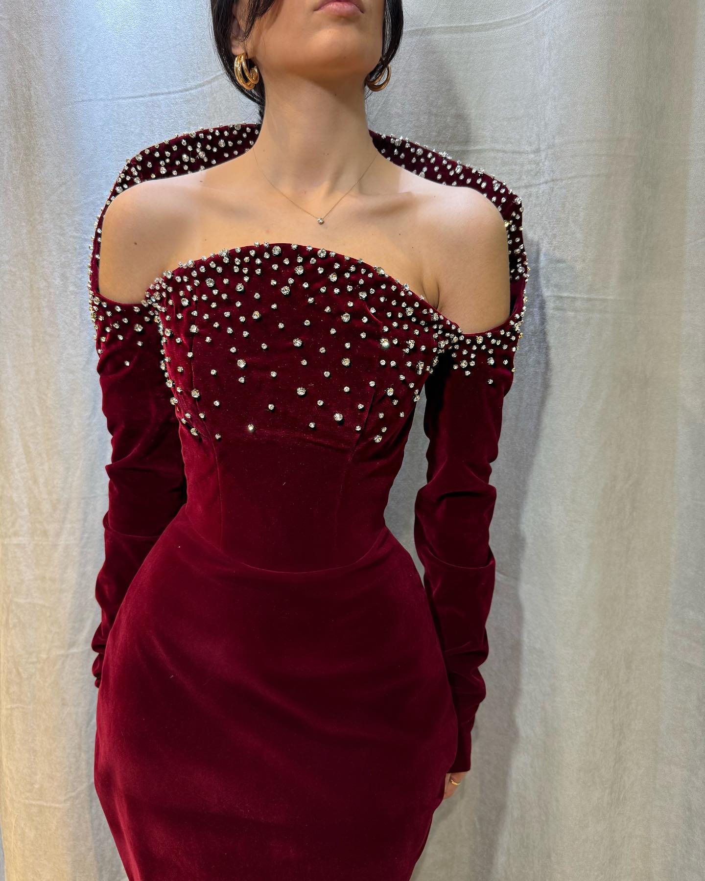 Burgundy Velvet Long Sleeve Formal Dress Strapless Rhinestone Shoulder Open Back Floor Length Sheath Gown