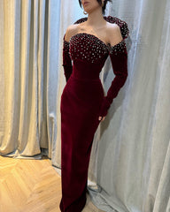 Burgundy Velvet Long Sleeve Formal Dress Strapless Rhinestone Shoulder Open Back Floor Length Sheath Gown