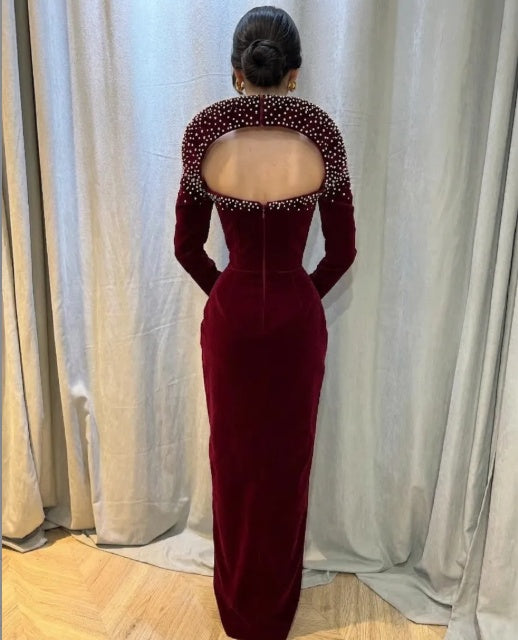Burgundy Velvet Long Sleeve Formal Dress Strapless Rhinestone Shoulder Open Back Floor Length Sheath Gown