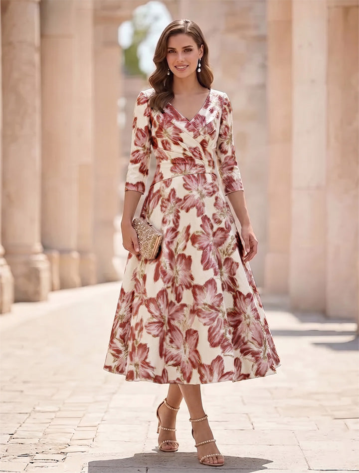 A Line Princess V Neck Satin Mother Of The Bride Dresses Floral 3 4 Sleeves Tea Length Ruched