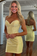 Butter Yellow Tight Sparkly Short Corset Homecoming Dress with Beading