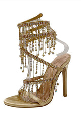 Golden Sparkly Strappy High Heeled Sandals With Tassel