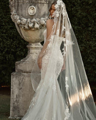 Champagne 3D Floral Applique Beaded Mermaid Wedding Dress Sweetheart Sleeveless Sparkle Lace Open Back Cathedral Train Bridal Gown