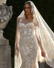 Champagne 3D Floral Applique Beaded Mermaid Wedding Dress Sweetheart Sleeveless Sparkle Lace Open Back Cathedral Train Bridal Gown