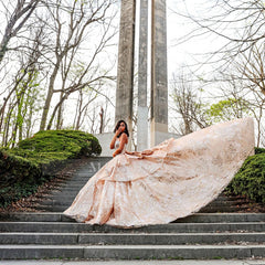 Champagne Ball Gown Prom Dress Strapless Sweetheart Crystal Beaded Corset Baroque Jacquard Layered Skirt with Cathedral Train