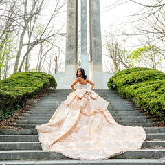 Champagne Ball Gown Prom Dress Strapless Sweetheart Crystal Beaded Corset Baroque Jacquard Layered Skirt with Cathedral Train