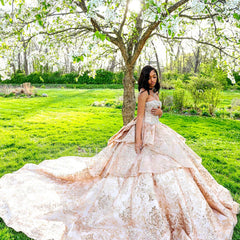 Champagne Ball Gown Prom Dress Strapless Sweetheart Crystal Beaded Corset Baroque Jacquard Layered Skirt with Cathedral Train