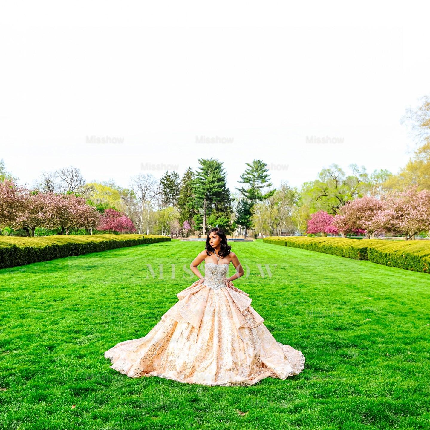 Champagne Ball Gown Prom Dress Strapless Sweetheart Crystal Beaded Corset Baroque Jacquard Layered Skirt with Cathedral Train