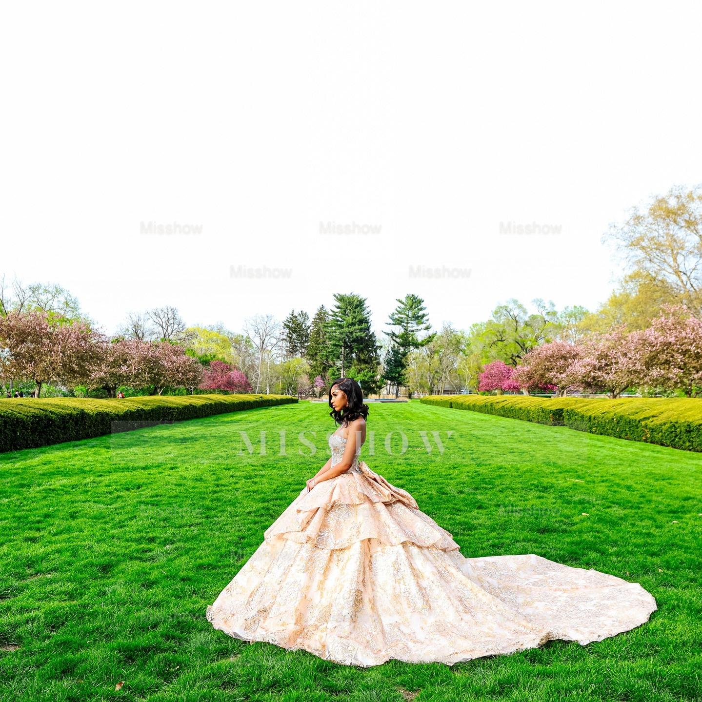 Champagne Ball Gown Prom Dress Strapless Sweetheart Crystal Beaded Corset Baroque Jacquard Layered Skirt with Cathedral Train