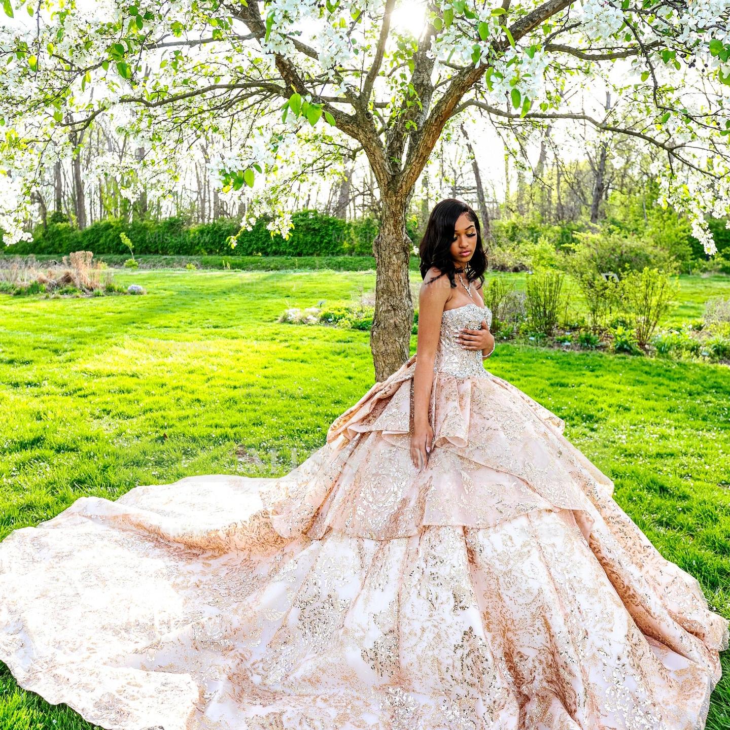 Champagne sweetheart rhinestone ball gown prom dress