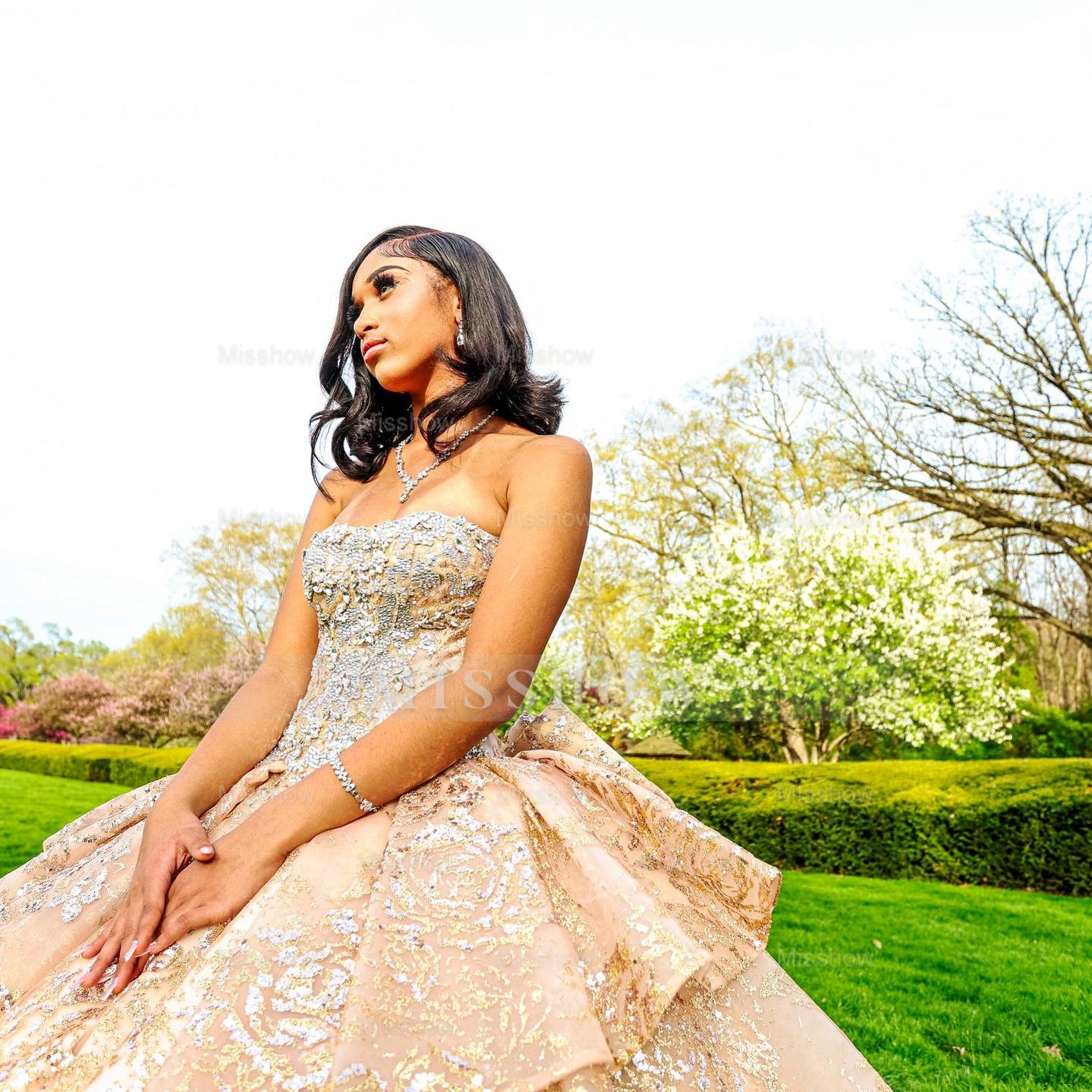 Champagne sweetheart rhinestone ball gown prom dress