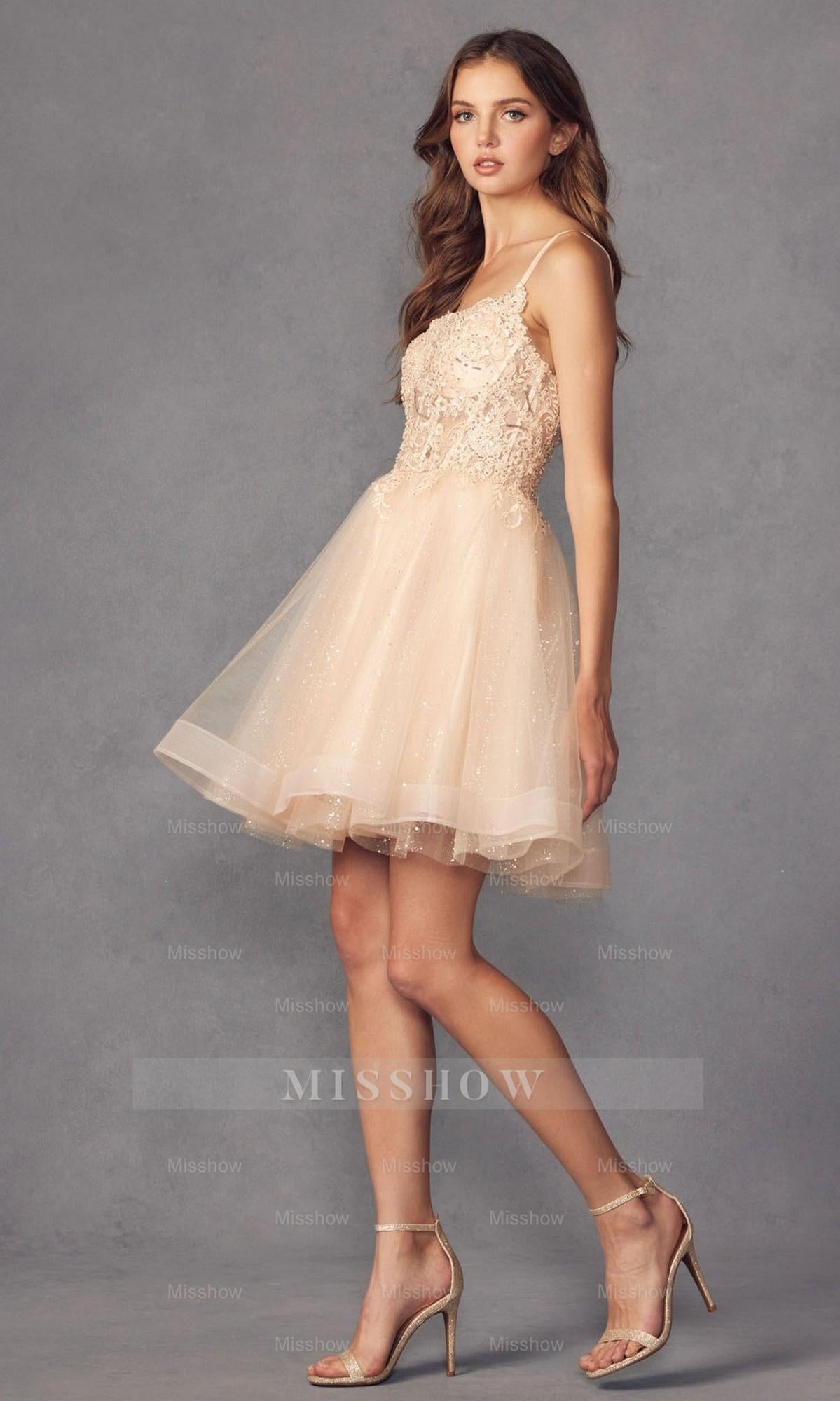 Champagne Beaded Rhinestone Spaghetti Straps A-line Tulle Applique Mini Formal Dress