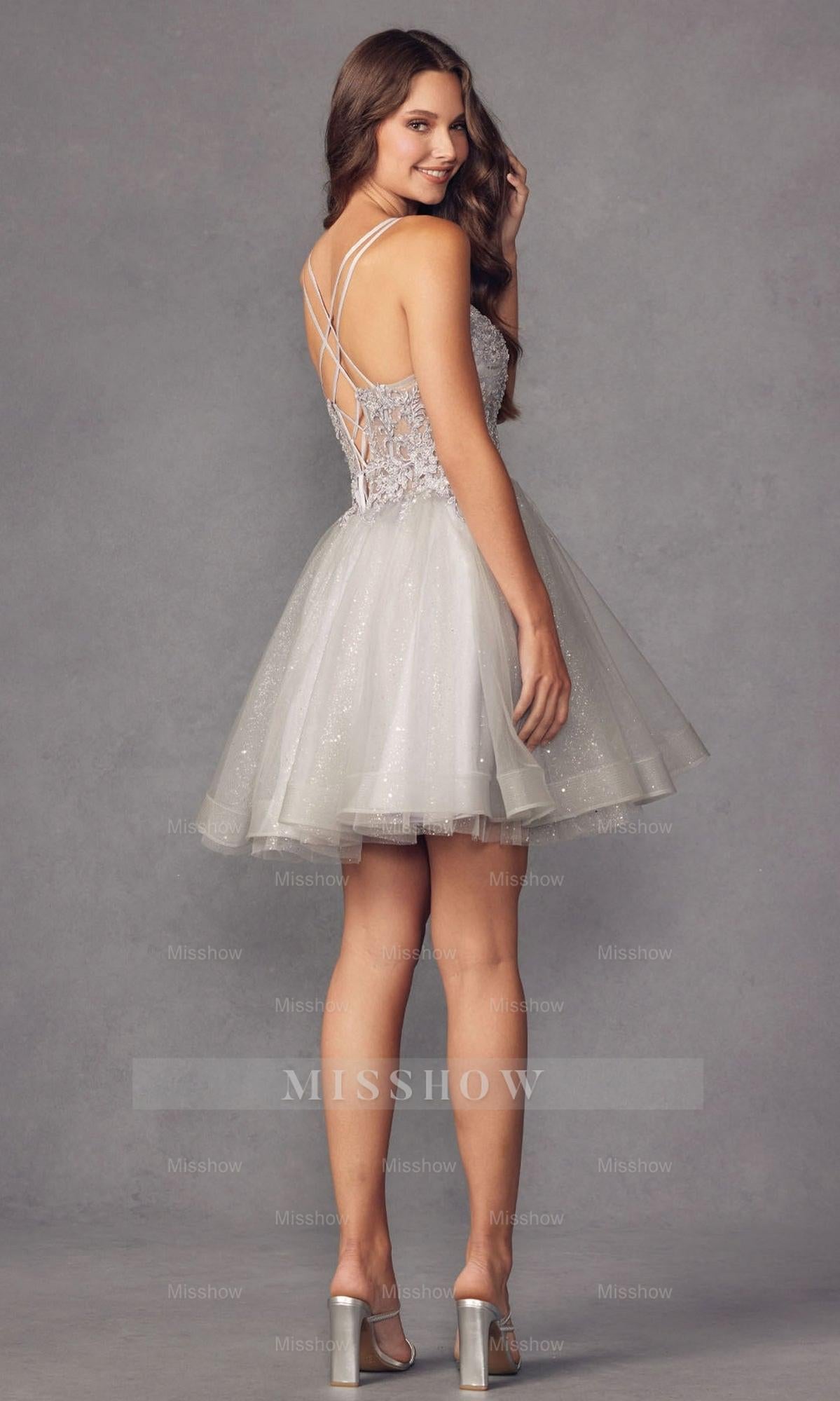 Champagne Beaded Rhinestone Spaghetti Straps A-line Tulle Applique Mini Formal Dress