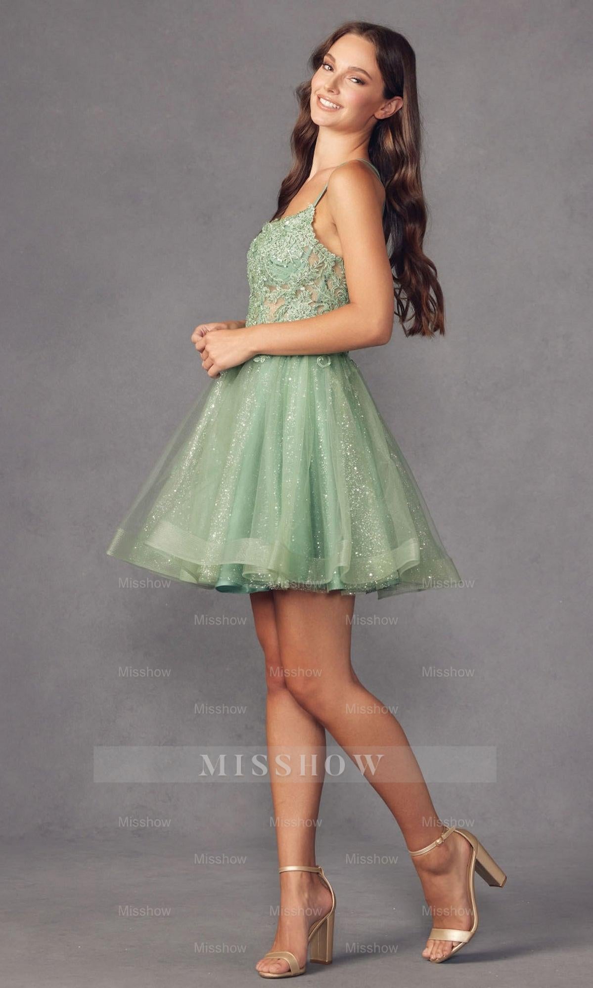 Champagne Beaded Rhinestone Spaghetti Straps A-line Tulle Applique Mini Formal Dress
