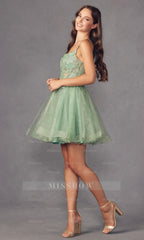 Champagne Beaded Rhinestone Spaghetti Straps A-line Tulle Applique Mini Formal Dress