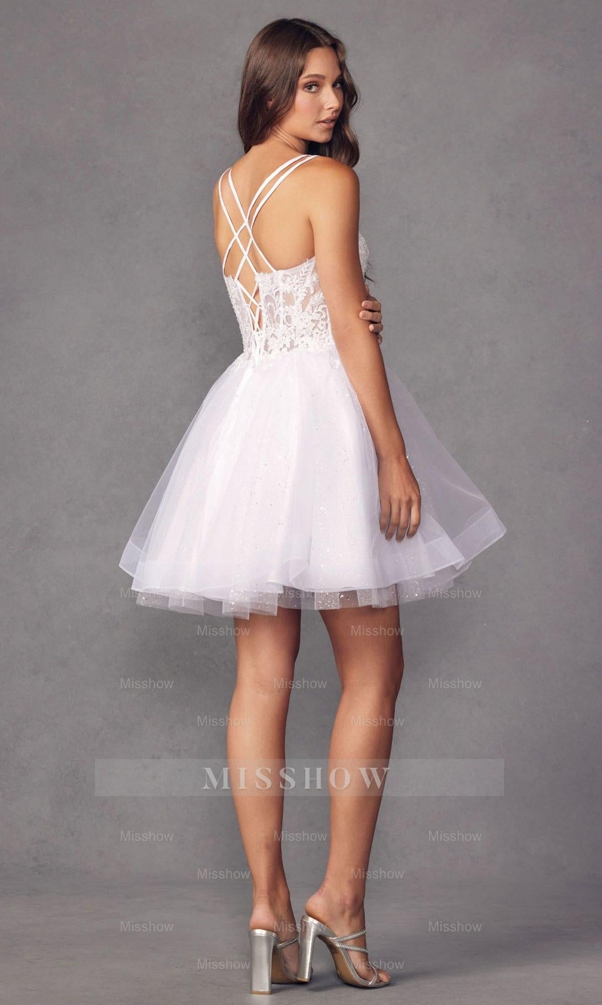 Champagne Beaded Rhinestone Spaghetti Straps A-line Tulle Applique Mini Formal Dress