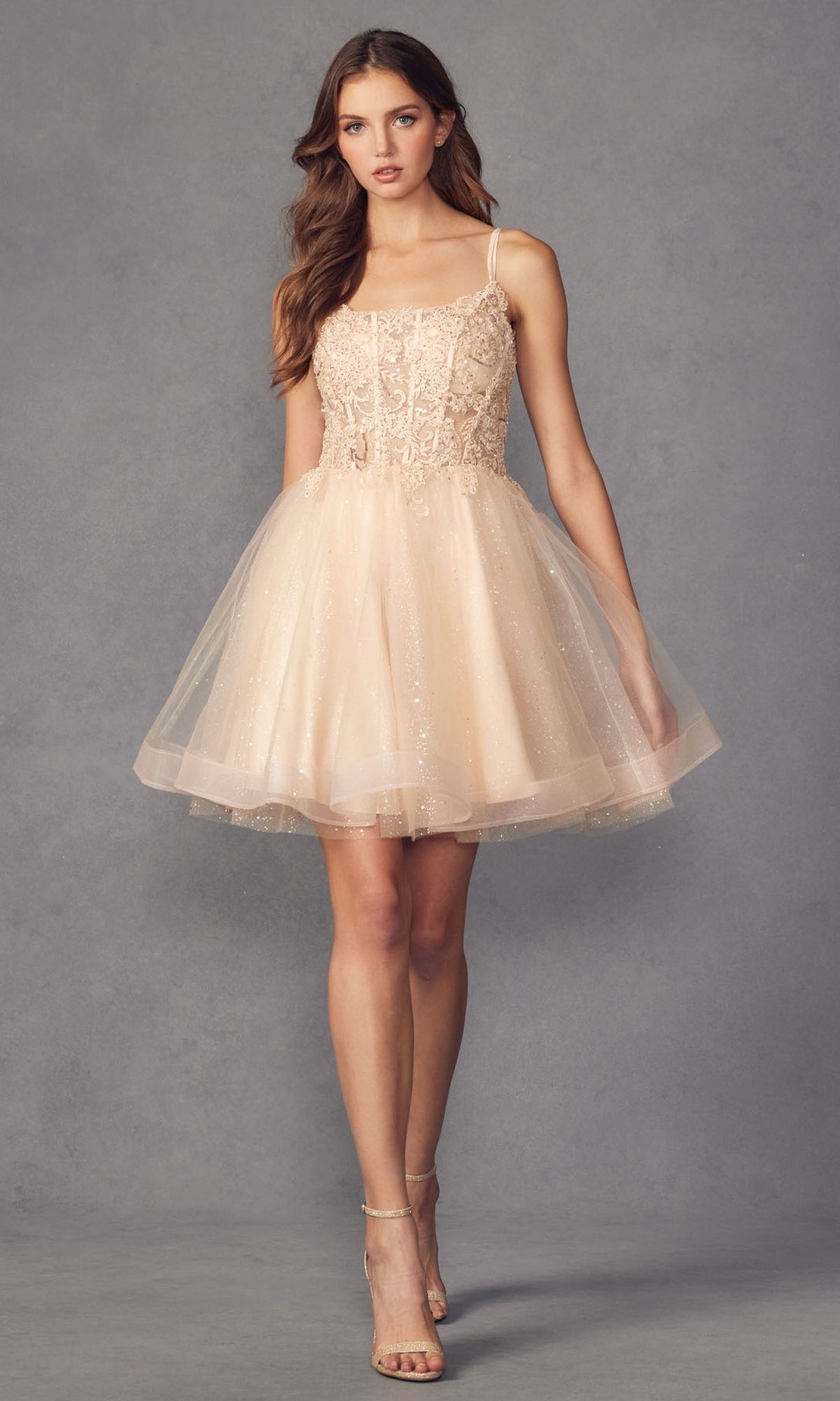 Champagne Beaded Rhinestone Spaghetti Straps A-line Tulle Applique Mini Formal Dress