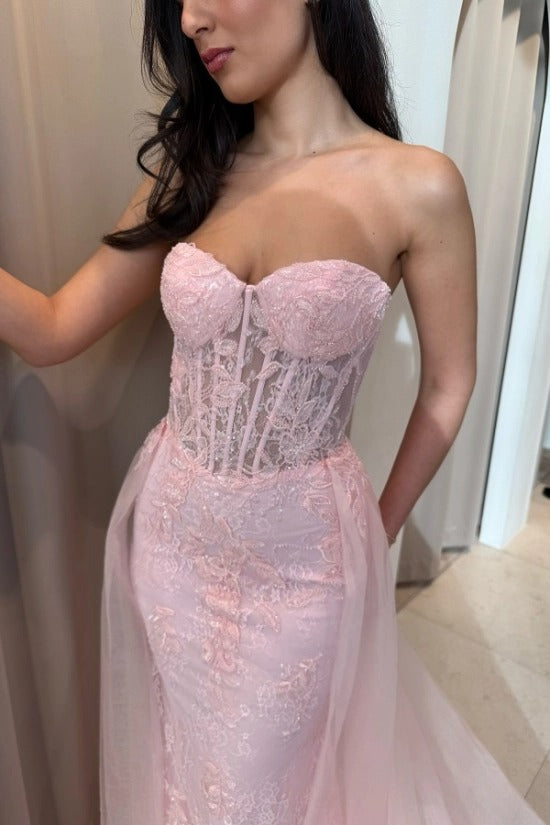 Champagne Blush Lace Sweetheart Mermaid Evening Dress Sheer Boned Corset Bodice Detachable Tulle Overskirt Formal Gown