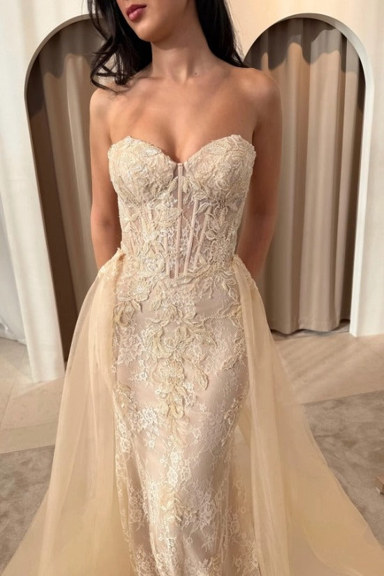 Champagne Blush Lace Sweetheart Mermaid Evening Dress Sheer Boned Corset Bodice Detachable Tulle Overskirt Formal Gown