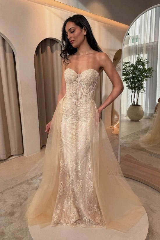 Champagne Blush Lace Sweetheart Mermaid Evening Dress Sheer Boned Corset Bodice Detachable Tulle Overskirt Formal Gown