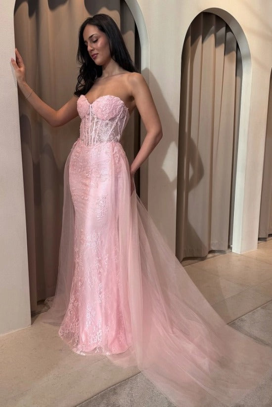 Champagne Blush Lace Sweetheart Mermaid Evening Dress Sheer Boned Corset Bodice Detachable Tulle Overskirt Formal Gown