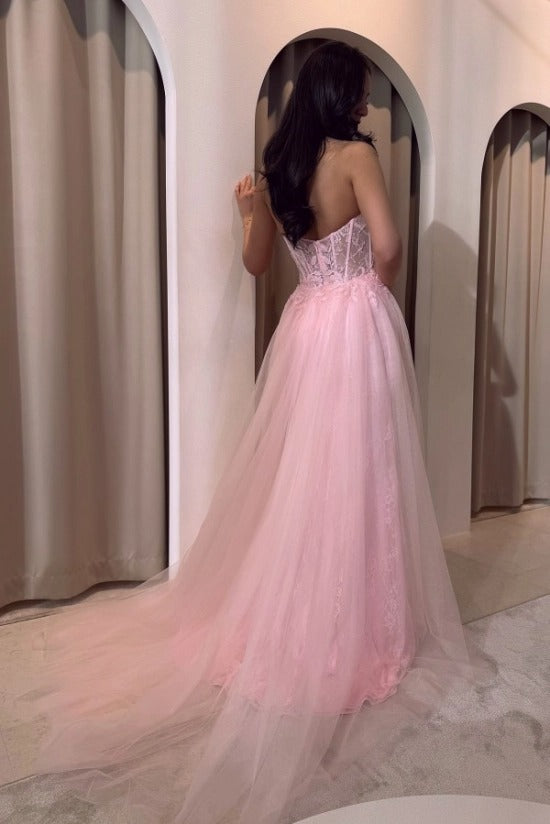 Champagne Blush Lace Sweetheart Mermaid Evening Dress Sheer Boned Corset Bodice Detachable Tulle Overskirt Formal Gown