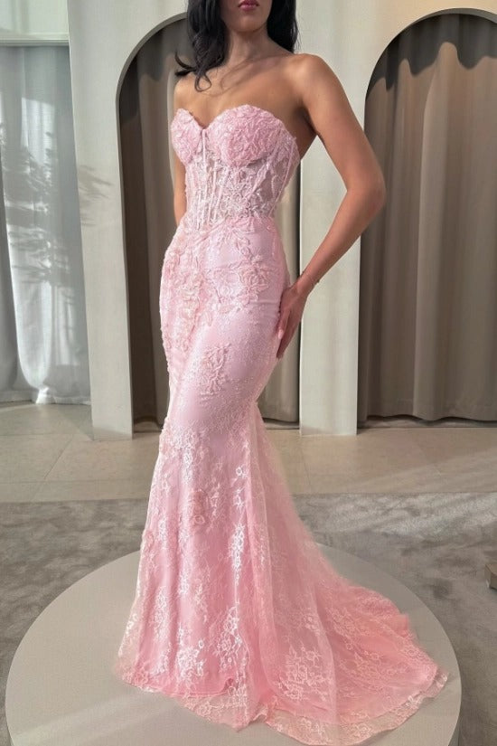 Champagne Blush Lace Sweetheart Mermaid Evening Dress Sheer Boned Corset Bodice Detachable Tulle Overskirt Formal Gown