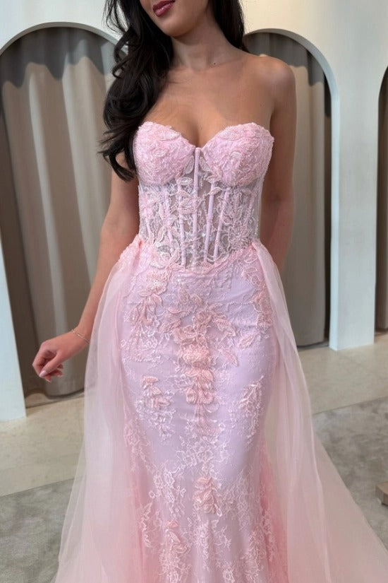 Champagne Blush Lace Sweetheart Mermaid Evening Dress Sheer Boned Corset Bodice Detachable Tulle Overskirt Formal Gown