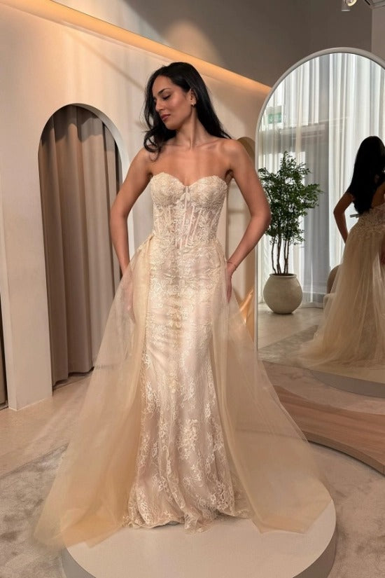 Champagne Blush Lace Sweetheart Mermaid Evening Dress Sheer Boned Corset Bodice Detachable Tulle Overskirt Formal Gown