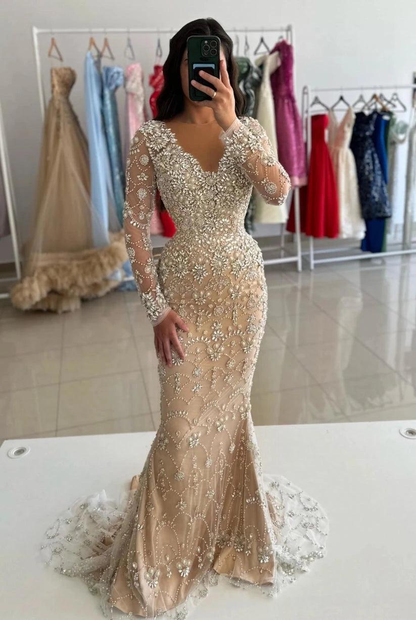 Champagne Crystal Beaded Mermaid Evening Dress Long Sleeves V-Neck Luxury Rhinestone Formal Gown
