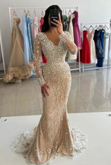 Champagne Crystal Beaded Mermaid Evening Dress Long Sleeves V-Neck Luxury Rhinestone Formal Gown