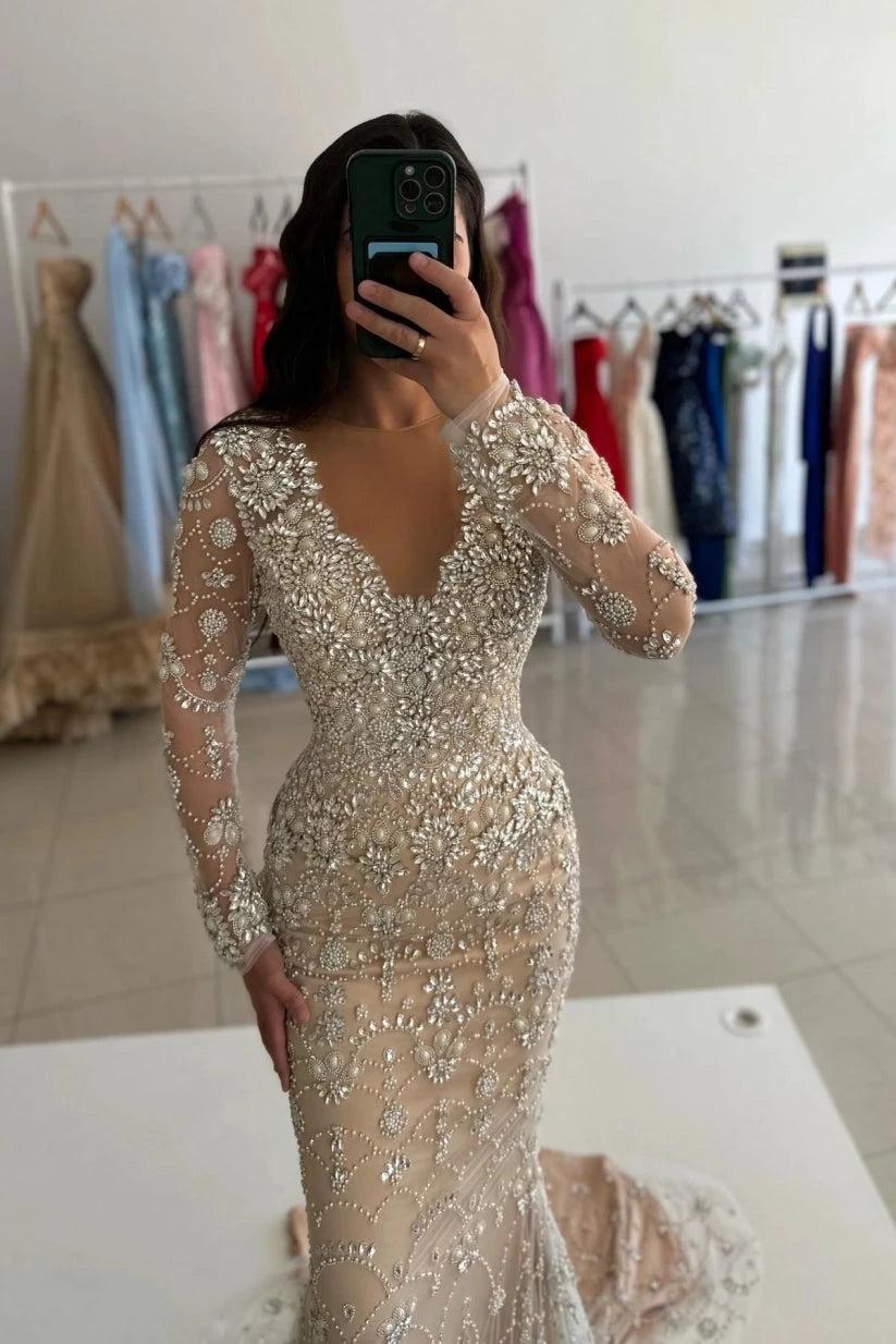 Champagne Crystal Beaded Mermaid Evening Dress Long Sleeves V-Neck Luxury Rhinestone Formal Gown