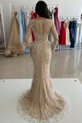 Champagne Crystal Beaded Mermaid Evening Dress Long Sleeves V-Neck Luxury Rhinestone Formal Gown