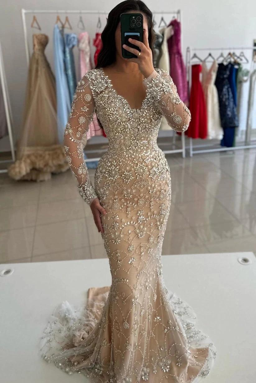 Champagne Crystal Beaded Mermaid Evening Dress Long Sleeves V-Neck Luxury Rhinestone Formal Gown