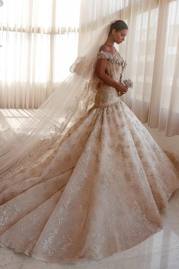 Champagne Glitter Lace Ball Gown Wedding Dress Off-the-Shoulder Sweetheart Crystal Pearl Beaded Cap Sleeve Baroque Damask Allover Glitter Lace Cathedral Train Bridal Gown