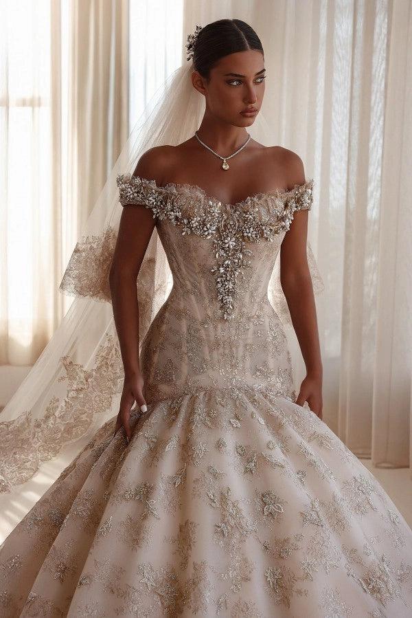Champagne Glitter Lace Ball Gown Wedding Dress Off-the-Shoulder Sweetheart Crystal Pearl Beaded Cap Sleeve Baroque Damask Allover Glitter Lace Cathedral Train Bridal Gown