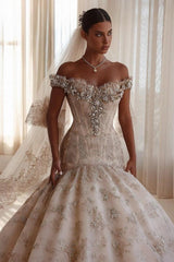 Champagne Glitter Lace Ball Gown Wedding Dress Off-the-Shoulder Sweetheart Crystal Pearl Beaded Cap Sleeve Baroque Damask Allover Glitter Lace Cathedral Train Bridal Gown