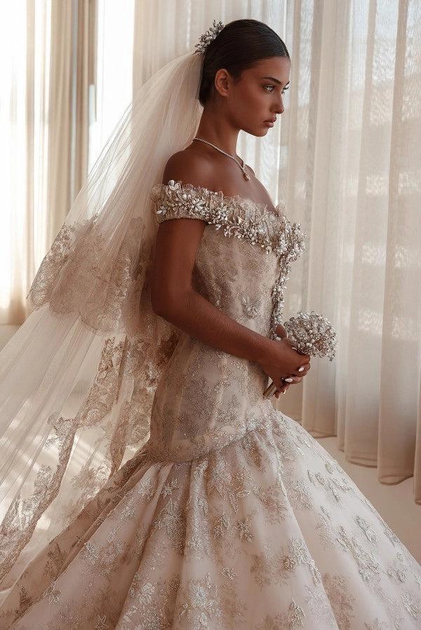 Champagne Glitter Lace Ball Gown Wedding Dress Off-the-Shoulder Sweetheart Crystal Pearl Beaded Cap Sleeve Baroque Damask Allover Glitter Lace Cathedral Train Bridal Gown