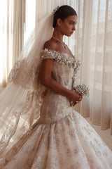 Champagne Glitter Lace Ball Gown Wedding Dress Off-the-Shoulder Sweetheart Crystal Pearl Beaded Cap Sleeve Baroque Damask Allover Glitter Lace Cathedral Train Bridal Gown