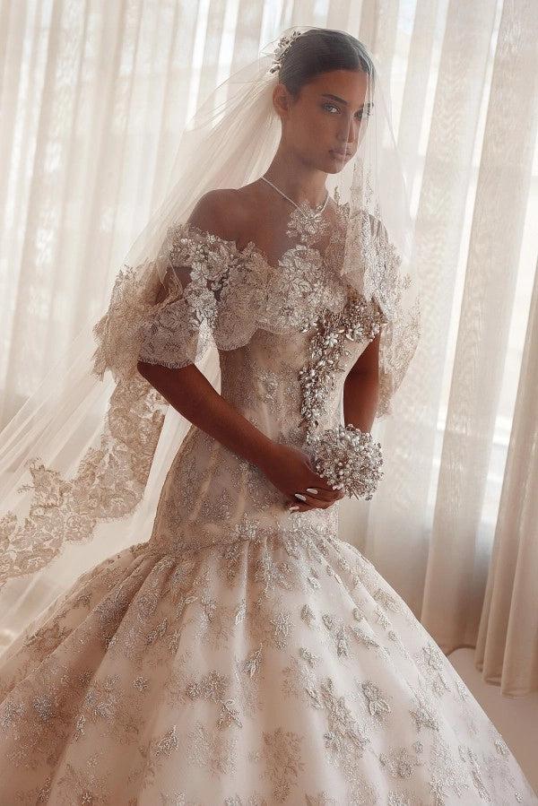 Champagne Glitter Lace Ball Gown Wedding Dress Off-the-Shoulder Sweetheart Crystal Pearl Beaded Cap Sleeve Baroque Damask Allover Glitter Lace Cathedral Train Bridal Gown