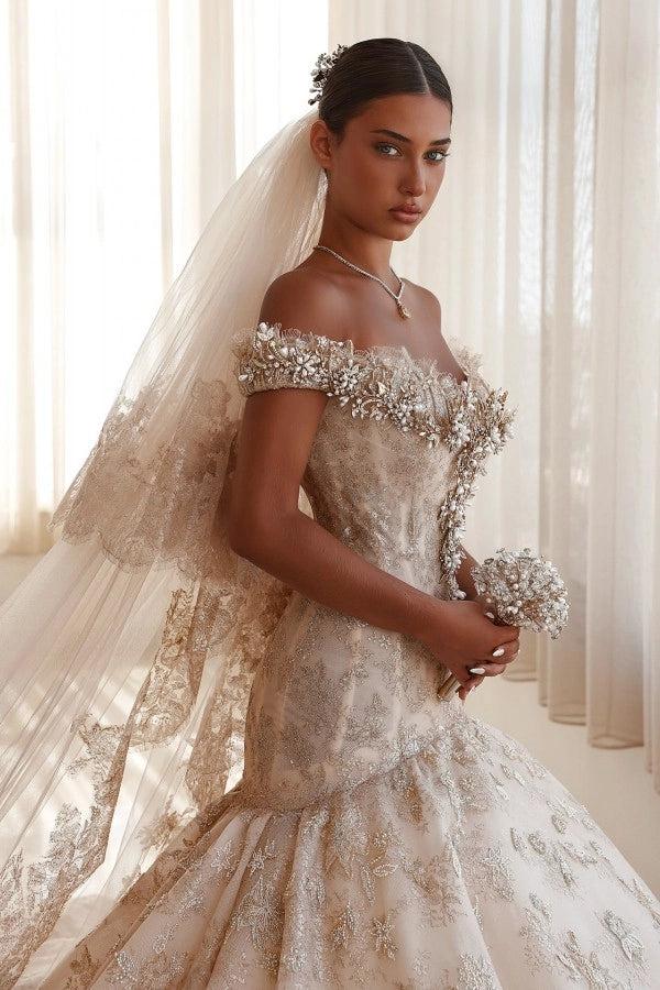 Champagne Glitter Lace Ball Gown Wedding Dress Off-the-Shoulder Sweetheart Crystal Pearl Beaded Cap Sleeve Baroque Damask Allover Glitter Lace Cathedral Train Bridal Gown