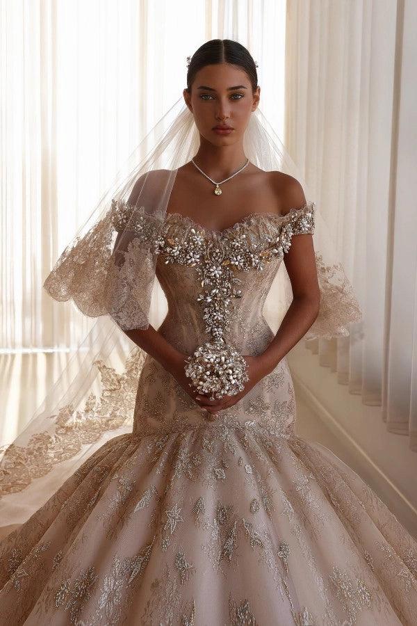 Champagne Glitter Lace Ball Gown Wedding Dress Off-the-Shoulder Sweetheart Crystal Pearl Beaded Cap Sleeve Baroque Damask Allover Glitter Lace Cathedral Train Bridal Gown