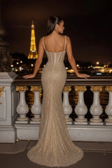 Champagne Gold Sequin Mermaid Evening Dress Spaghetti Straps Sweetheart Crystal Beading Corset Formal Gown with Train