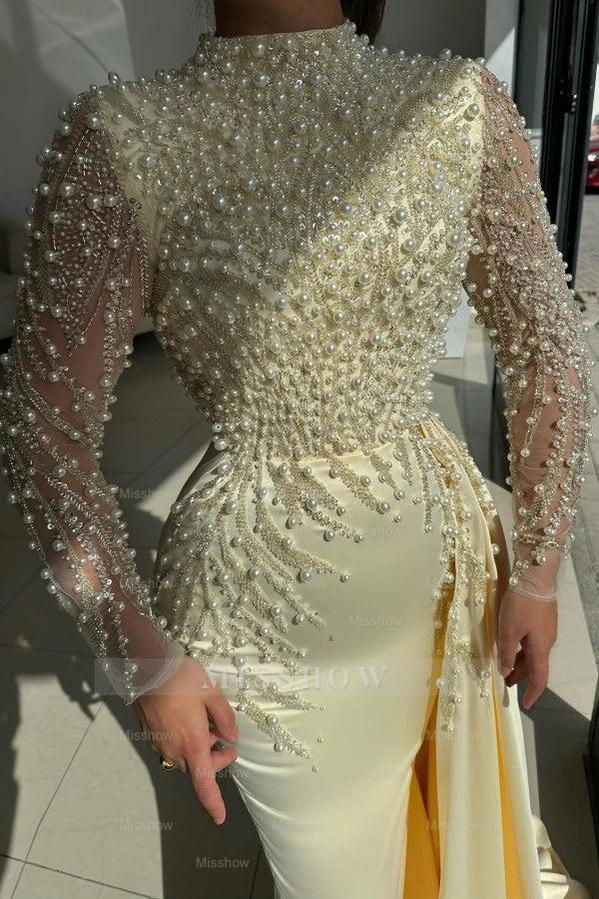 Champagne High Neck Long Sleeve Mermaid Satin Beaded Pearls Appliques Formal Evening Gown
