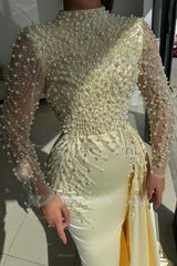 Champagne High Neck Long Sleeve Mermaid Satin Beaded Pearls Appliques Formal Evening Gown