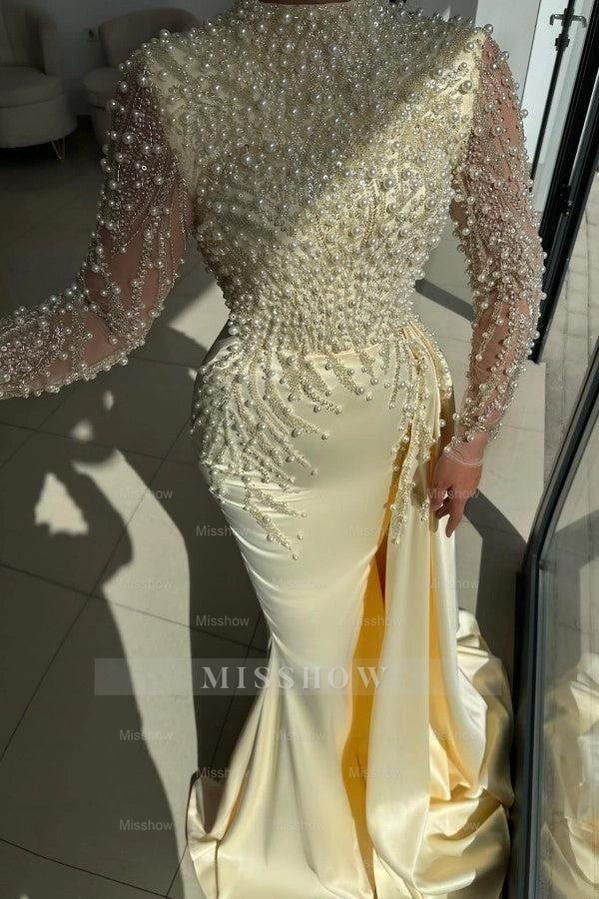 Champagne High Neck Long Sleeve Mermaid Satin Beaded Pearls Appliques Formal Evening Gown