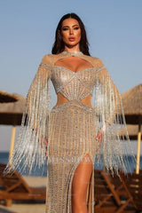 Champagne High Neck Long Sleeve Sequined Bodycon Floor Length Formal Evening Dress