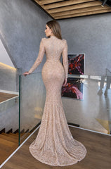 Champagne High Neck Long Sleeve Sequined Mermaid Floor Length Formal Evening Gown